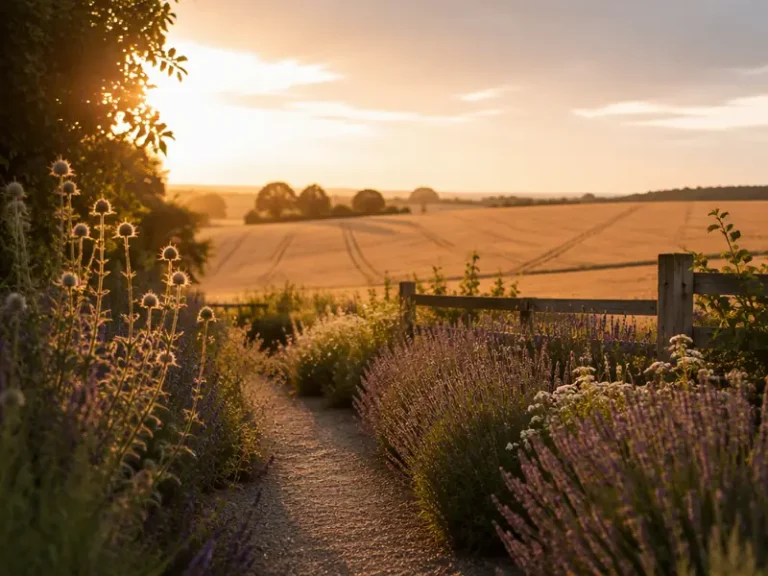 Golden fields and garden path in the Kent countryside