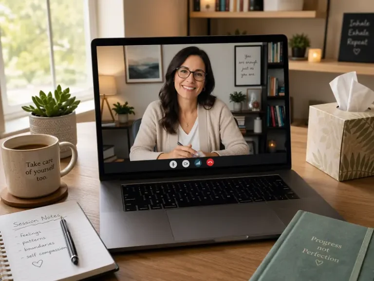 Laptop showing a confidential online therapy video session