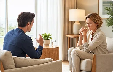 Therapist and client talking in a calm room